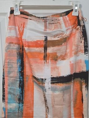 Worthington Abstract Brushstroke Pencil Skirt in Coral, Blue, Black, White